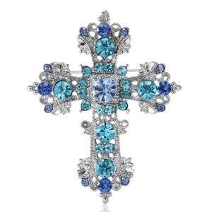 Silver Tone Cross Brooch With Blue Iridescent Rhinestones